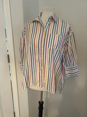 Pomander Place White Shirt with Red, Yellow, Green & Blue Stripes